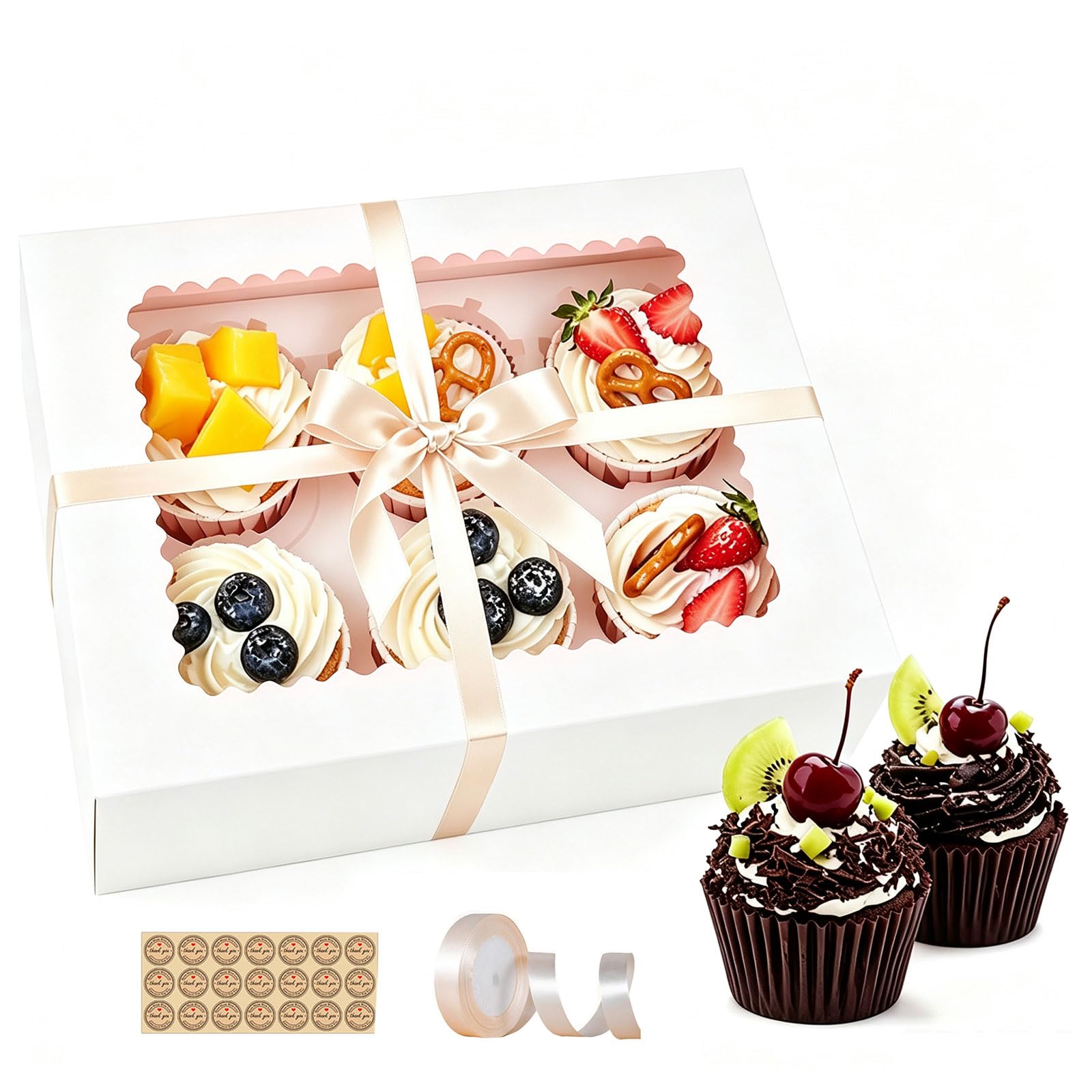 15 Pack Cupcake Boxes 6 Holes with Window,Rectangle Cup Cake Boxes for Cupcakes Pastries Muffins Desserts,Suitable for Home Baking,Party,Wedding,Christmas Holiday,Cake Shop (White,9.45x6.1x2.95inch)