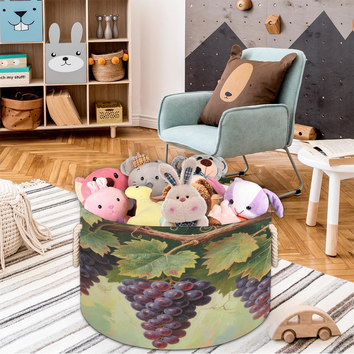 Large Storage Baskets - Purple Grapes Nursery Round Collapsible Organizer Bin Box, Laundry Hamper for Kids Toys, Blanket, Bedroom Living Room Home Decor, Gift Basket, 19.4"x13.3"