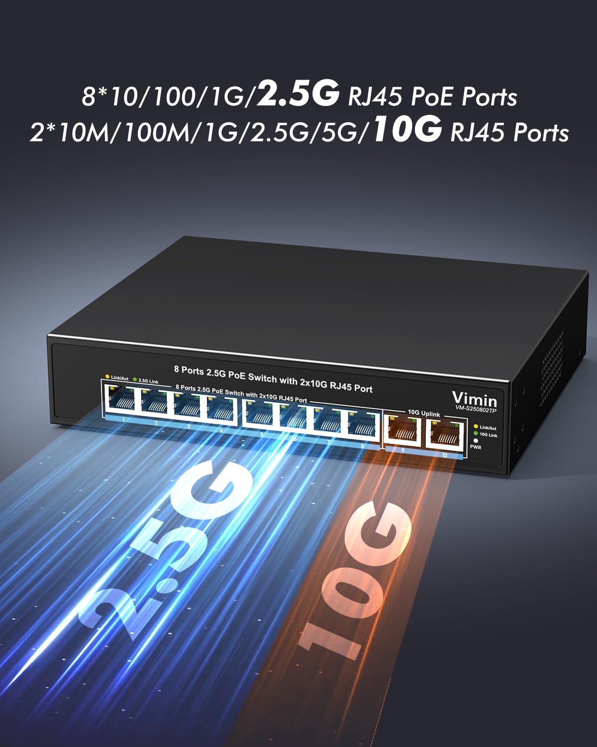 Switch PoE+8 Ports 2,5G | 2 x 10G Uplink RJ45 Commutateur | 2,5G Ethernet Switch Plug & Play Non Géré | IEEE 802.3af/at | PoE 150W pour Les Réseaux Haut Débit et Les Appareils PoE