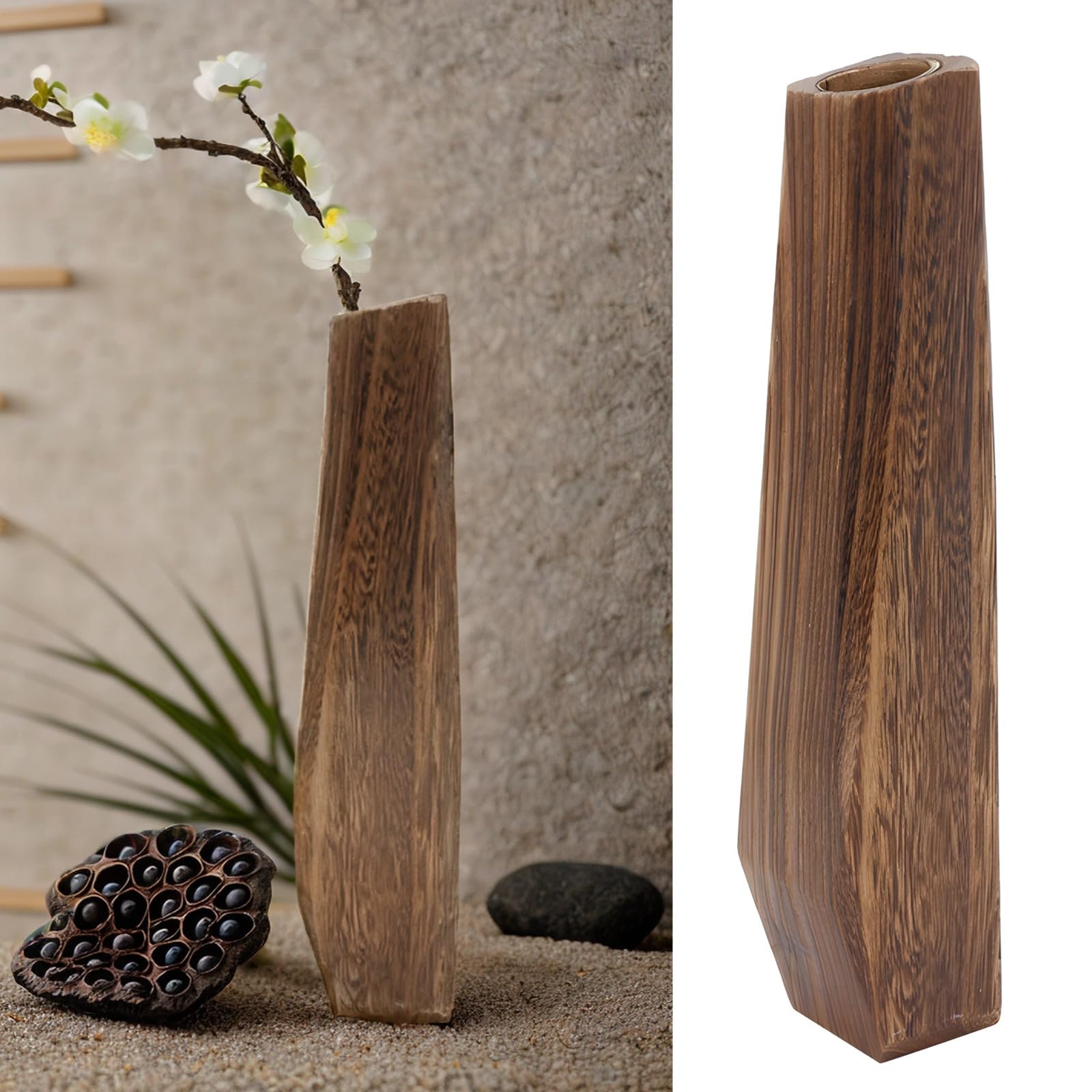 Tall Wood Vase For Dried And Faux Flowers, Burnt Paulownia Wood Flowerpot, Rustic Home And Office Decor