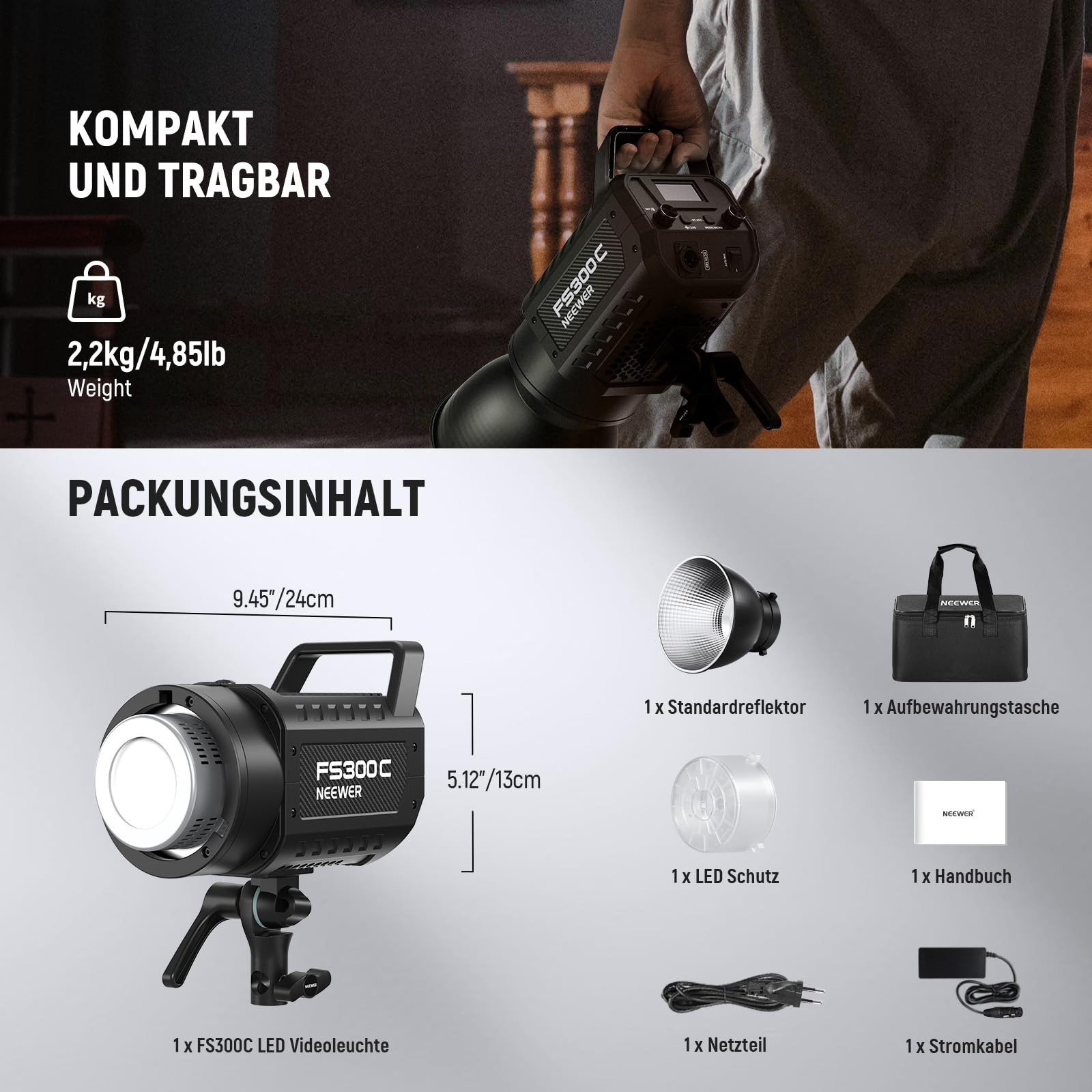 NEEWER 300W RGB LED Videolicht mit APP/2.4G Steuerung, 17 Effekte, 2500K-7500K 29000lux/1m COB Dauerlicht, CRI95+/TLCI97+ Bowens Mount für Studiofotografie und Videoaufnahmen, FS300C