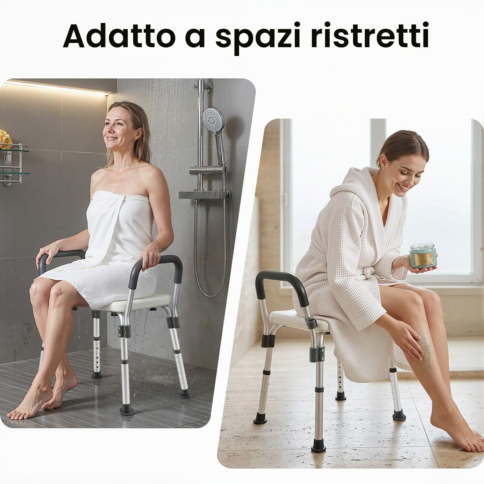 Sedia da doccia senza schienale con braccioli, sedia da doccia regolabile in altezza, per doccia interna, con capacità di 150 kg