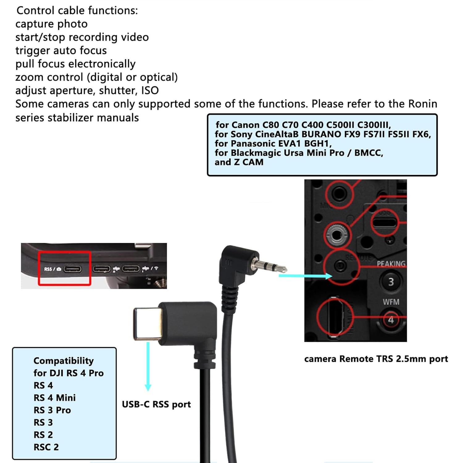 Record Control Cable for DJI RS2/3/4 Pro, Focus Pro Grip to Sony CineAltaB FX9 FX6, Canon C80, BMD URSA Mini Pro, Panasonic EVA1 BGH1, Z CAM Camera, USB-C to LANC 2.5mm, 30cm