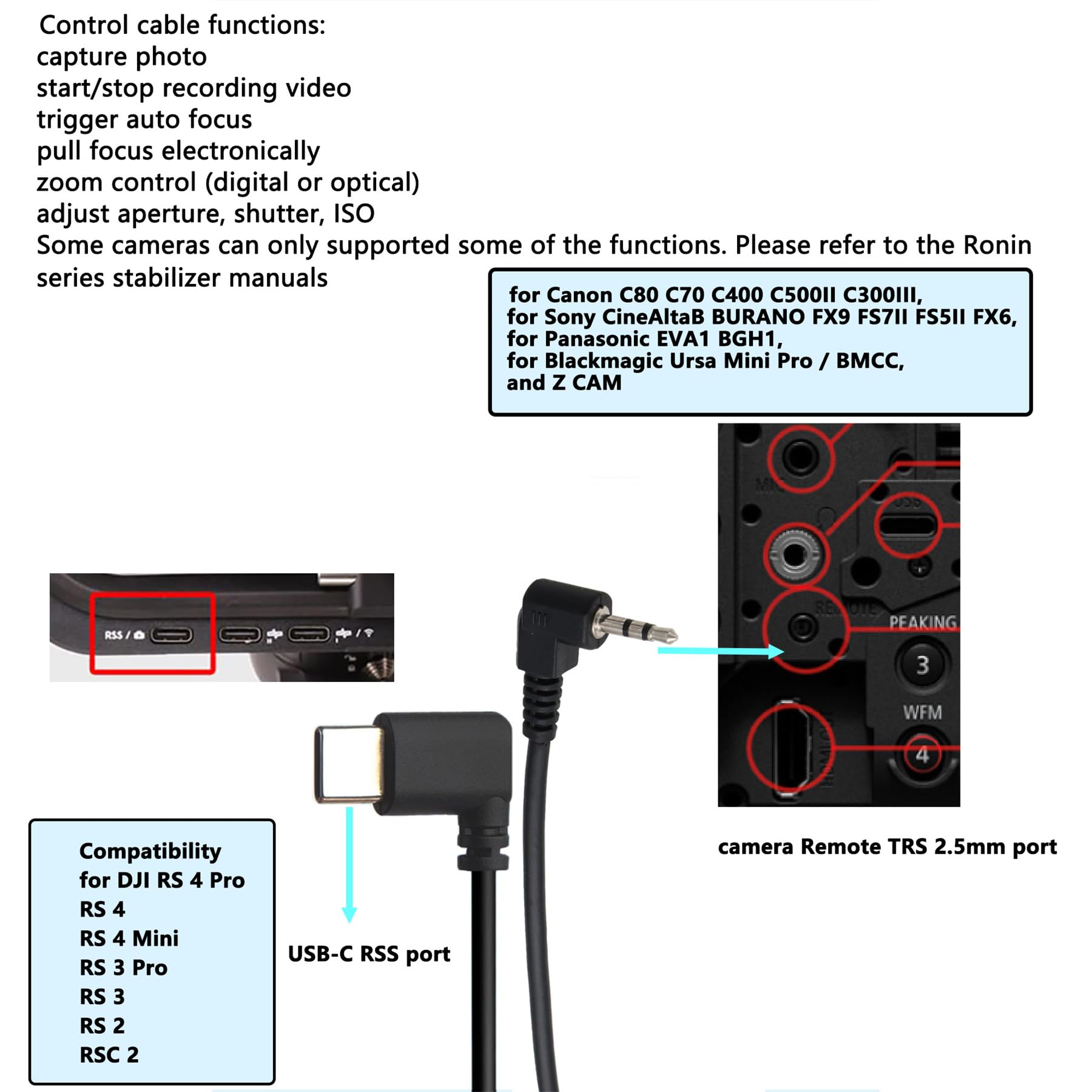 HangTon Câble de contrôle d'enregistrement pour DJI RS2/3/4 Pro, Focus Pro Grip vers Sony CineAltaB FX9 FX6, Canon C80, BMD URSA Mini Pro, Panasonic EVA1 BGH1, Z CAM, USB-C vers LANC 2,5 mm, 30 cm