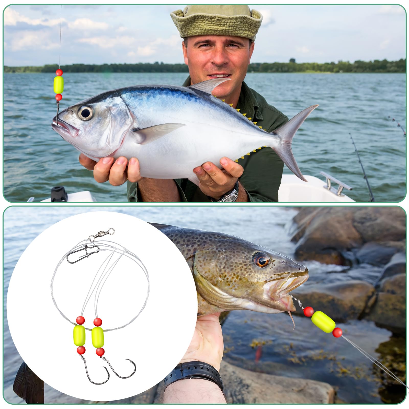 JellyArch 12 Stück Pompano Rigs für Brandungsangeln, Offshore, Surfen, Angelvorrichtungen, Salzwasser, Ausrüstung, Surfen, Angelzubehör mit 2/0 Kreishaken, Doppelkreis-Wirbel, Duo-Lock-Druckknöpfe
