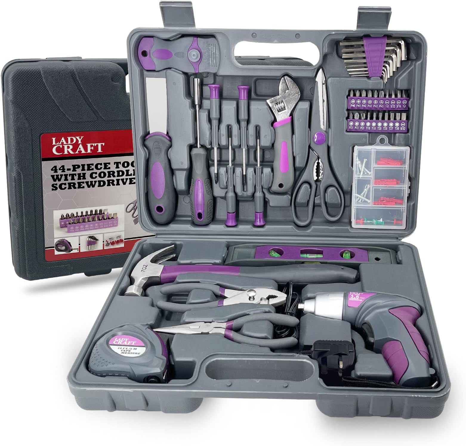 44PCS Purple Home Tool Kit 4V Electric Screwdrivers for Home/Dorm