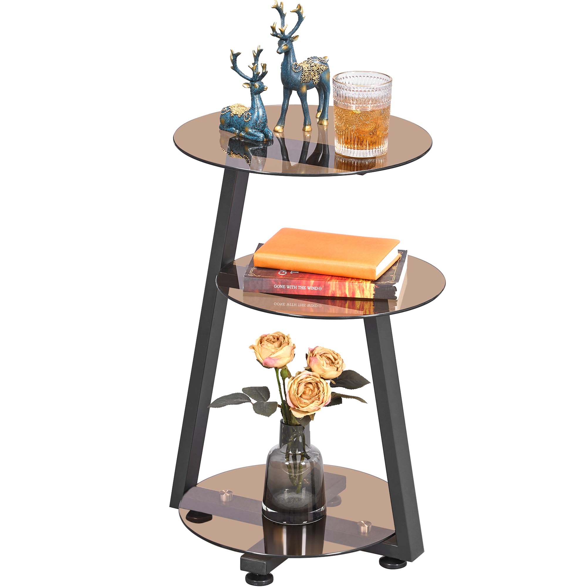 BEWISHOME Round End Table Tempered Glass Side Table with Metal Frame, Accent Table Nightstand Bedside Table with 3-Tier Shelves, Small Round Table for Living Room Bedroom Tawny KTZ41S