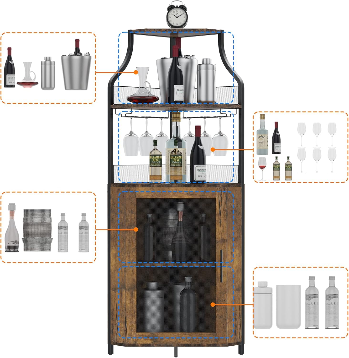 Armoire à vin d'angle avec Table de Travail, Armoire à vin en Bois avec 5 étagères et 2 Supports en Verre et Porte en Maille pour Cuisine, Salon, Salle à Manger (152 x 90 x 32 cm, Naturel)