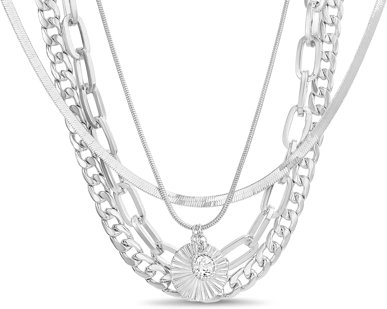 Nautica Rhinestone Disc Pendant Layered Necklace for Women Rhodium Plated Alloy Four Row White Chain 14 - 22 Inches - Image 4
