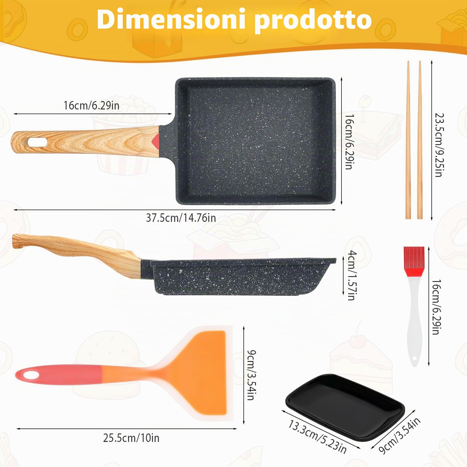 Padella Tamagoyaki, Padella per Omelette Giapponese con Piatto per Frittata, Spatola in Silicone, Pennello e Bacchette, Padella Rettangolare per Frittata per Frittata per Induzione e Gas