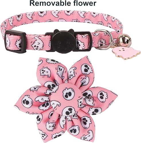 Miniatura 10 de ADOGGYGO Breakaway Collar de gato con campanas, paquete de 2 collares de flores para niñas, gatos, gatitos, collar con flores extraíbles ajustables