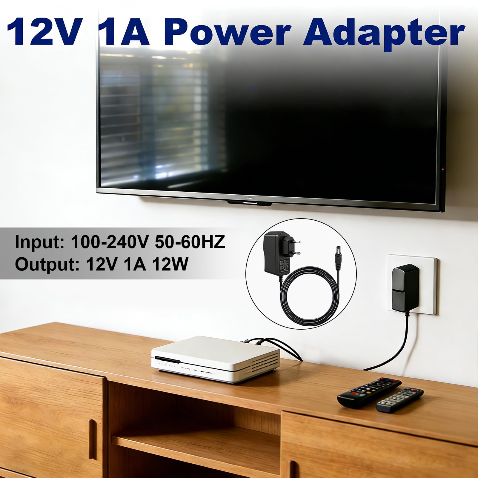 Uniwersalny zasilacz sieciowy 12 V, 12 W, zasilacz AC 100-240 V 50/60 Hz, 12 V uniwersalny zasilacz ze złączem 5,5 x 2,5 mm, ładowarka do taśm LED TV Box, router, 1 M