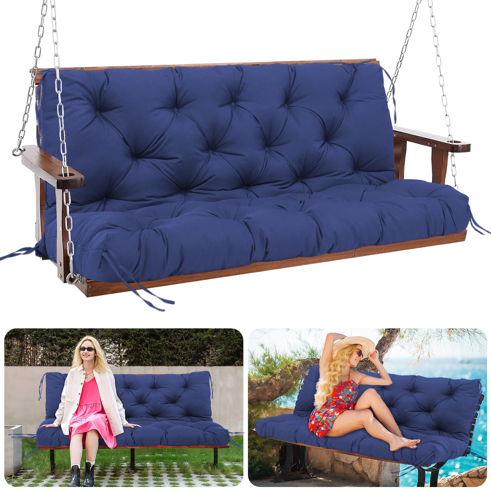 Mqghj Navy Blue Garden Swing Cushions 3 Seater 12Cm Thick Outdoor Bench Cushions Waterproof 150Cm Swing Seat Cushions With Backrest Replacement Outdoor Swing Cushions For Patio Porch(-150X100cm)
