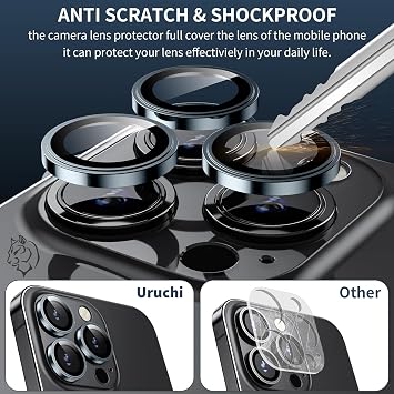 URUCHI iPhone 14 Pro / 14 Pro Max / 15 Pro / 15 Pro Max SAFİR PREMIUM Kamera Lens Koruyucu, [Orijinal Tasarım] Çizilmez 9H Temperli Cam Kamera Ekran Koruyucu, Metal Lens, Siyah