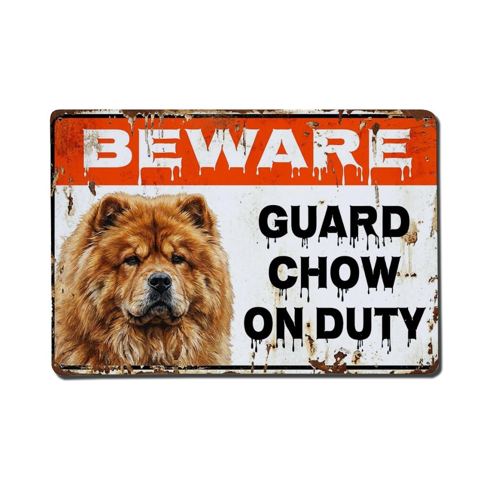 Vintage Funny Chow Guard Beware of Dog Patio Metal Tin Sign Plaque Wall Decor for Cafe, Club Bar, Office, Garden Metal Poster 8x12Inch