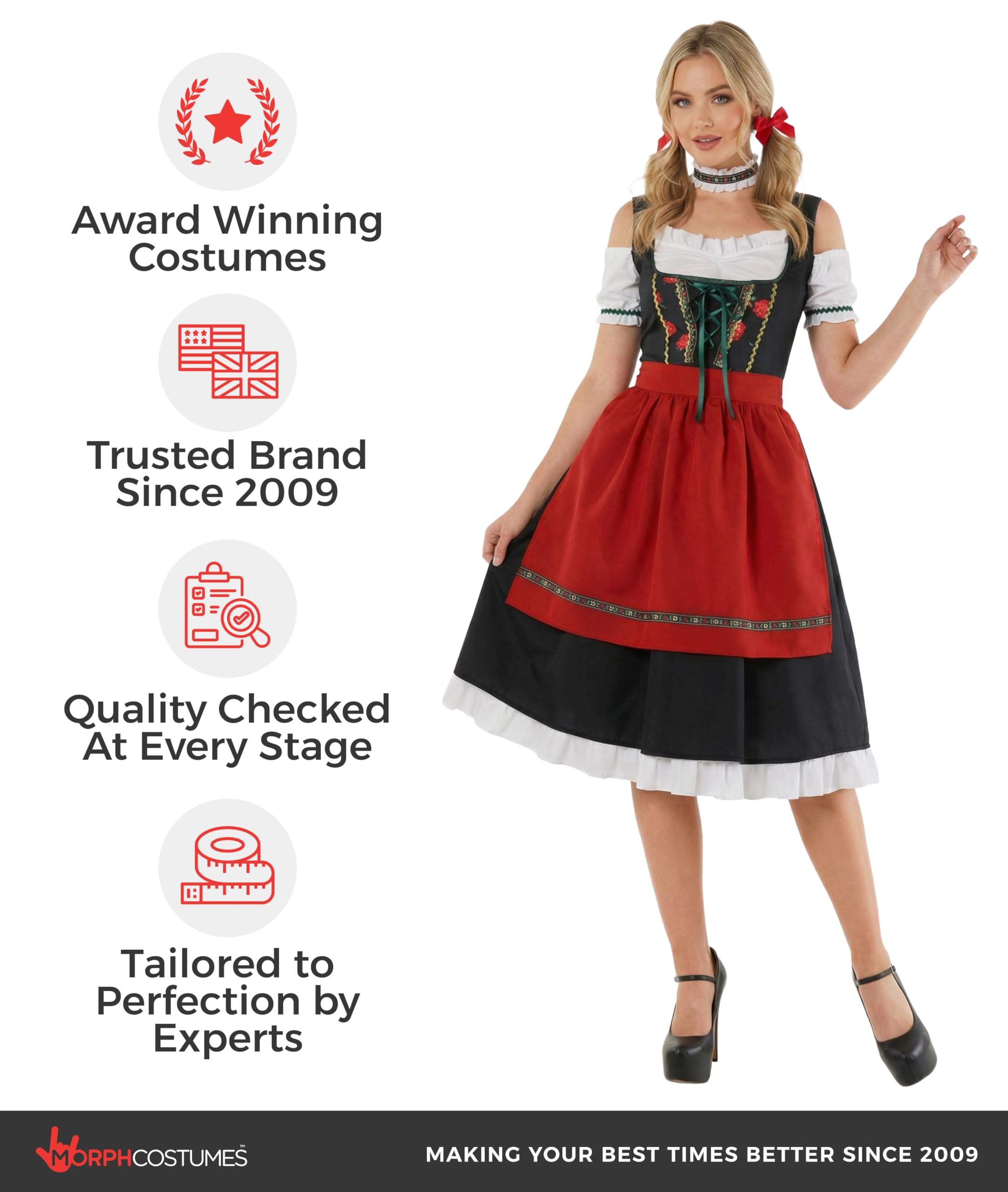 Morph Costume Bavarese Donna - Abito Tirolese per Oktoberfest, Vestito Tradizionale Donna per Feste e Eventi Speciali
