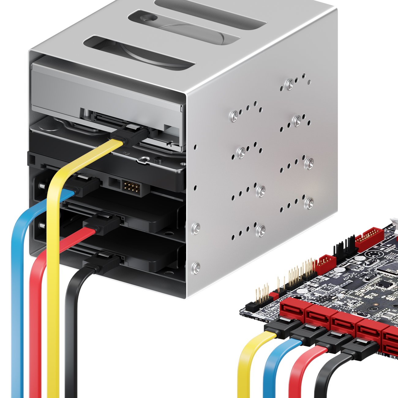 deleyCON 4x 50cm kabel SATA III kabel danych S-ATA 3 kabel połączeniowy 6 GBit/s kabel połączeniowy do HDD SSD - metalowy klips - 2 proste wtyki typu L - żółty/czerwony/niebieski/Czarny