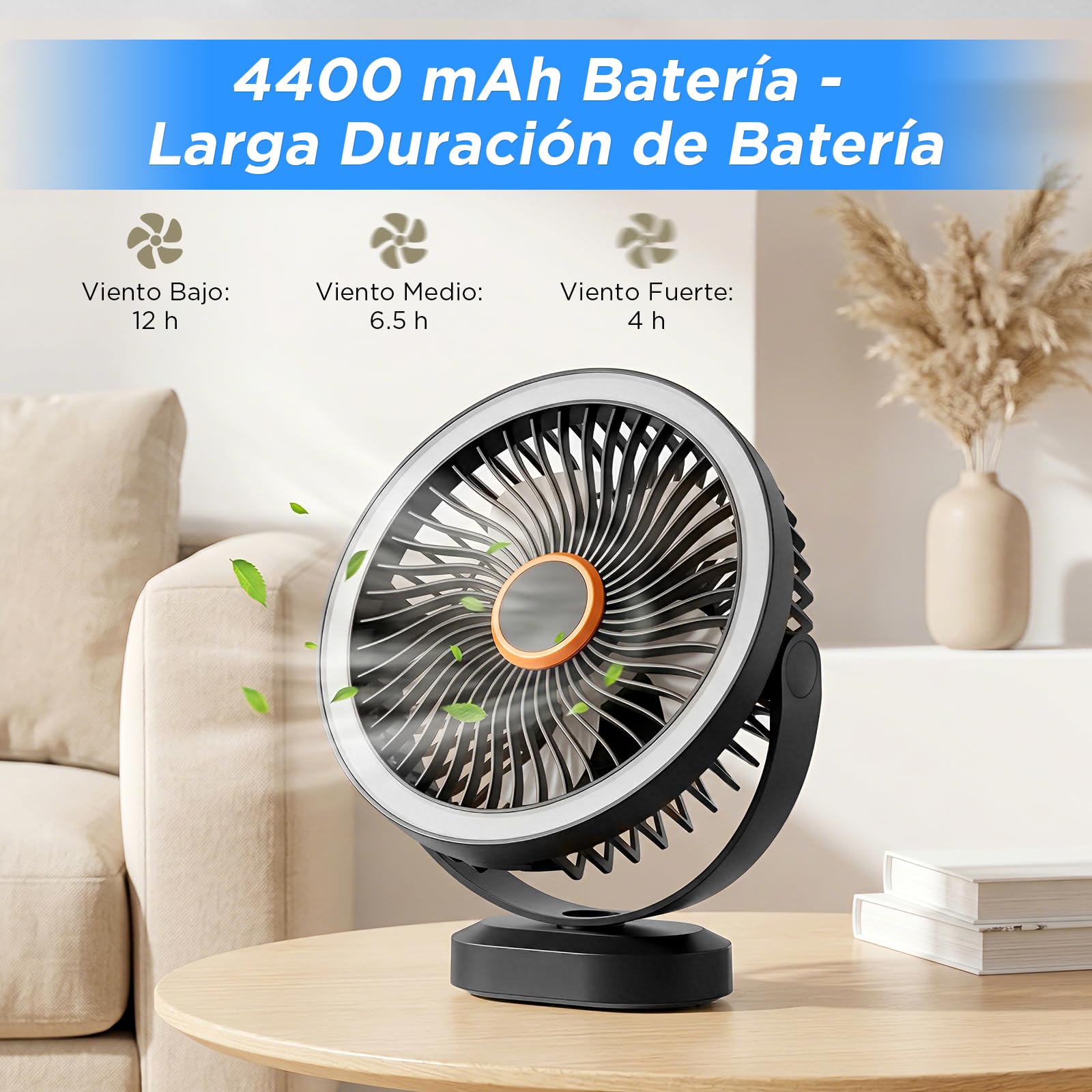 Lepwings Ventilador de Mesa, USB Recargable de 4400 mAh, 3 Velocidades, Ventilador Portátil de 8 Pulgadas con Luz LED y Gancho Colgante, Autonomía de 4-12H, para Oficina, Dormitorio, Camping