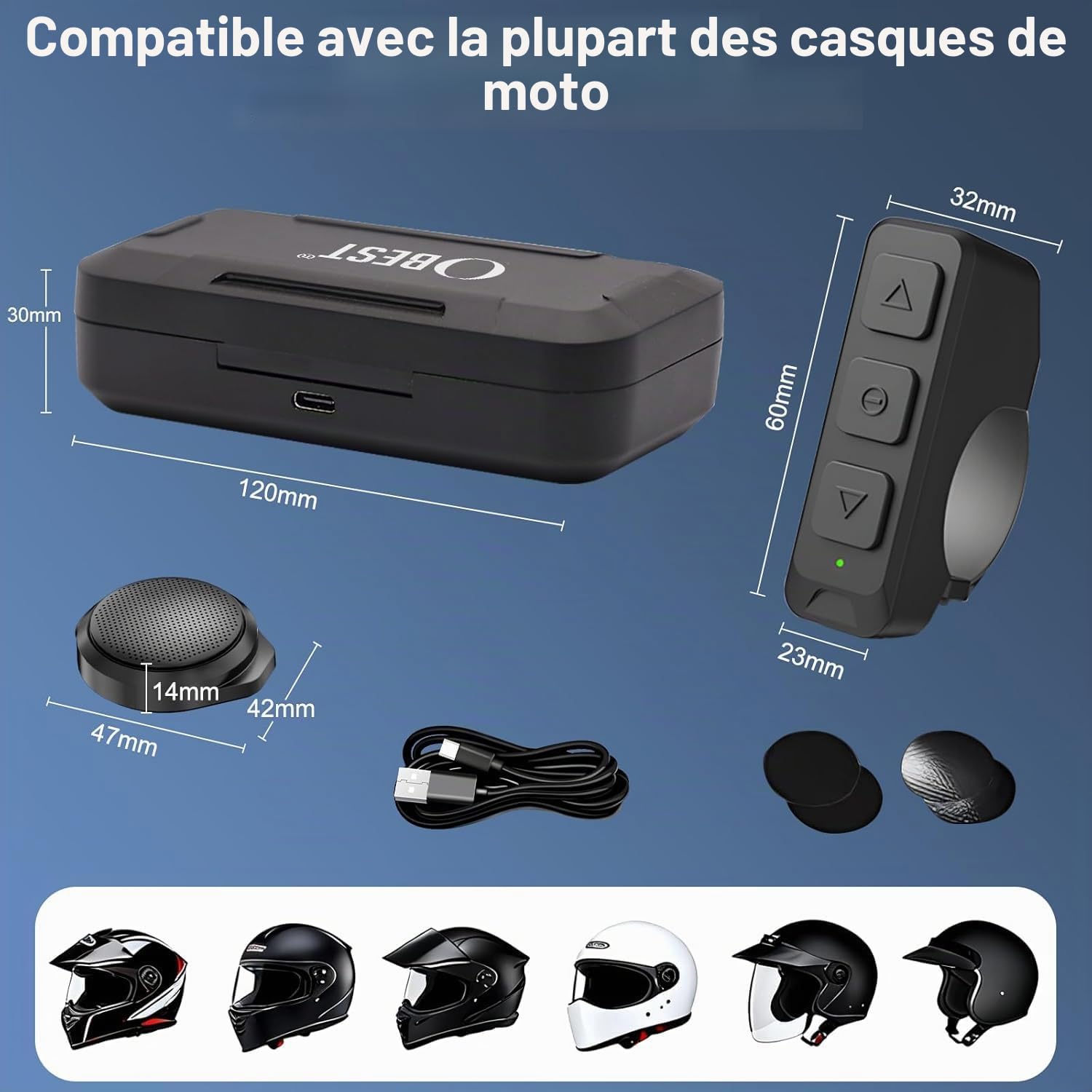 OBEST Écouteurs TWS Bluetooth pour Casque Moto, Bluetooth 5.3 avec ANC Réduction Active du Bruit, Boîtier de Charge Batterie 1900mAh, Montage Rapide Tous Casques