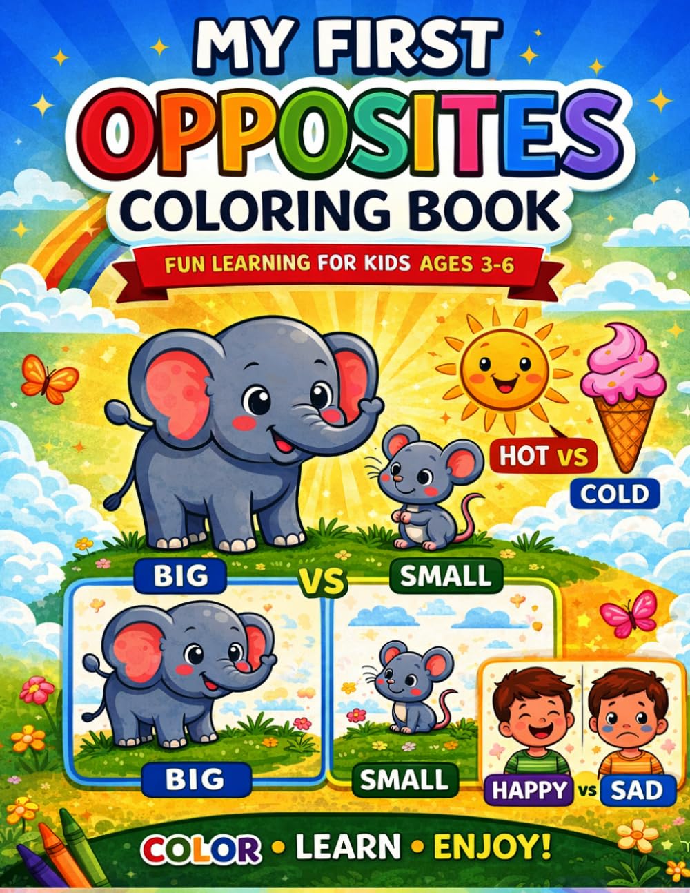 My First Opposites Coloring Book for Kids Ages 3–6: Fun Learning Activity Book with Big vs Small, Hot vs Cold, Happy vs Sad – Easy Coloring Pages for Toddlers & Preschool Kids