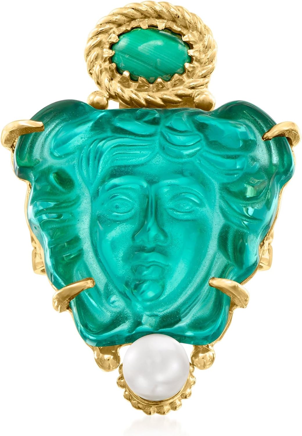 Ross-Simons Italian Tagliamonte Green Venetian Glass, Malachite and 5-5.5mm Cultured Pearl Medusa Ring in 18kt Gold Over Sterling