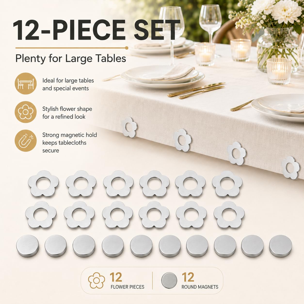 12 Piezas Pesas para Mantel, sujetamanteles magnéticos de Acero Inoxidable, Soportes para Mantel en Forma de Flor para Exterior y Picnic, Resistentes al Viento, para Camping y Actividades