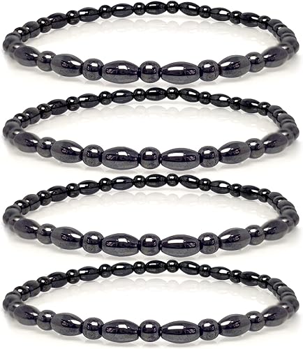 Hion Paquete de 4 tobilleras de obsidiana negra antihinchazón de terapia magnética para mujeres y hombres, pulseras de tobillo de obsidiana negra,