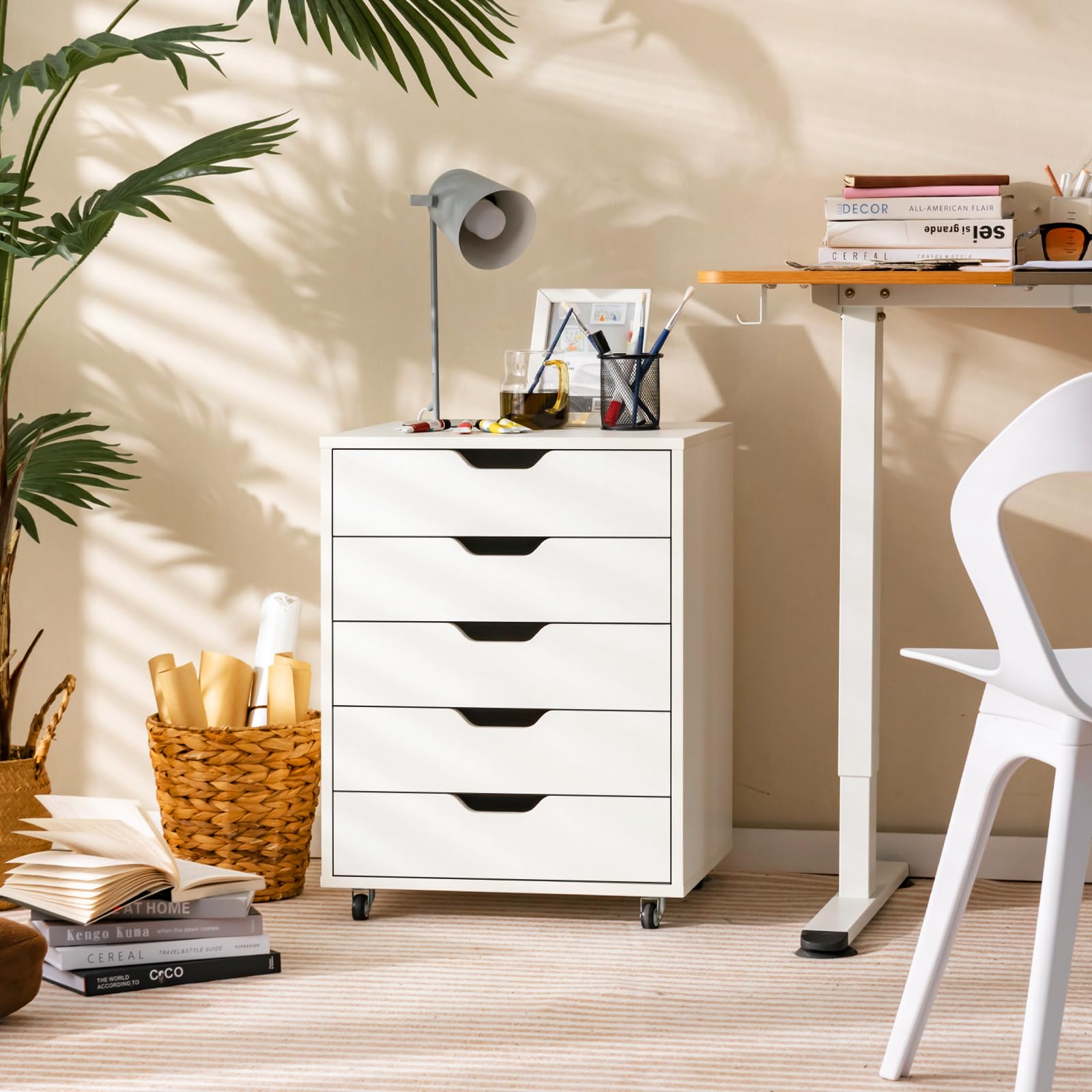 GOPLUS Rollcontainer mit Schubladen, Schubladenschrank mit Rollen, Griffmulden, mobiler Aktenschrank, Bürocontainer Rollschrank für Schlafzimmer Arbeitszimmer & Büro, 48 x 39,5 x 65,5 cm (Weiß)