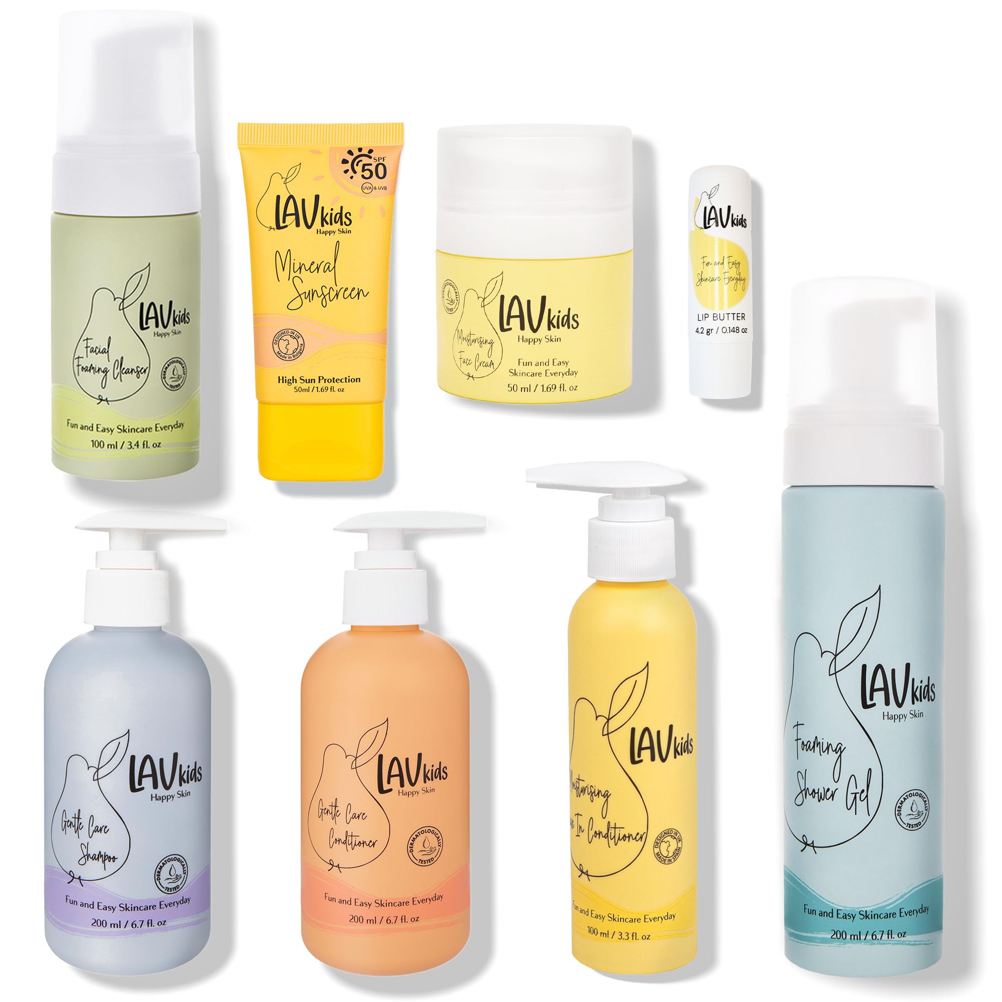 LAV KIDS 7-teiliges Hautpflege-Set, Gesichtsreinigung, Creme, Lippenpflege, mit Haarpflegeprodukten und Zubehör, 150 ml