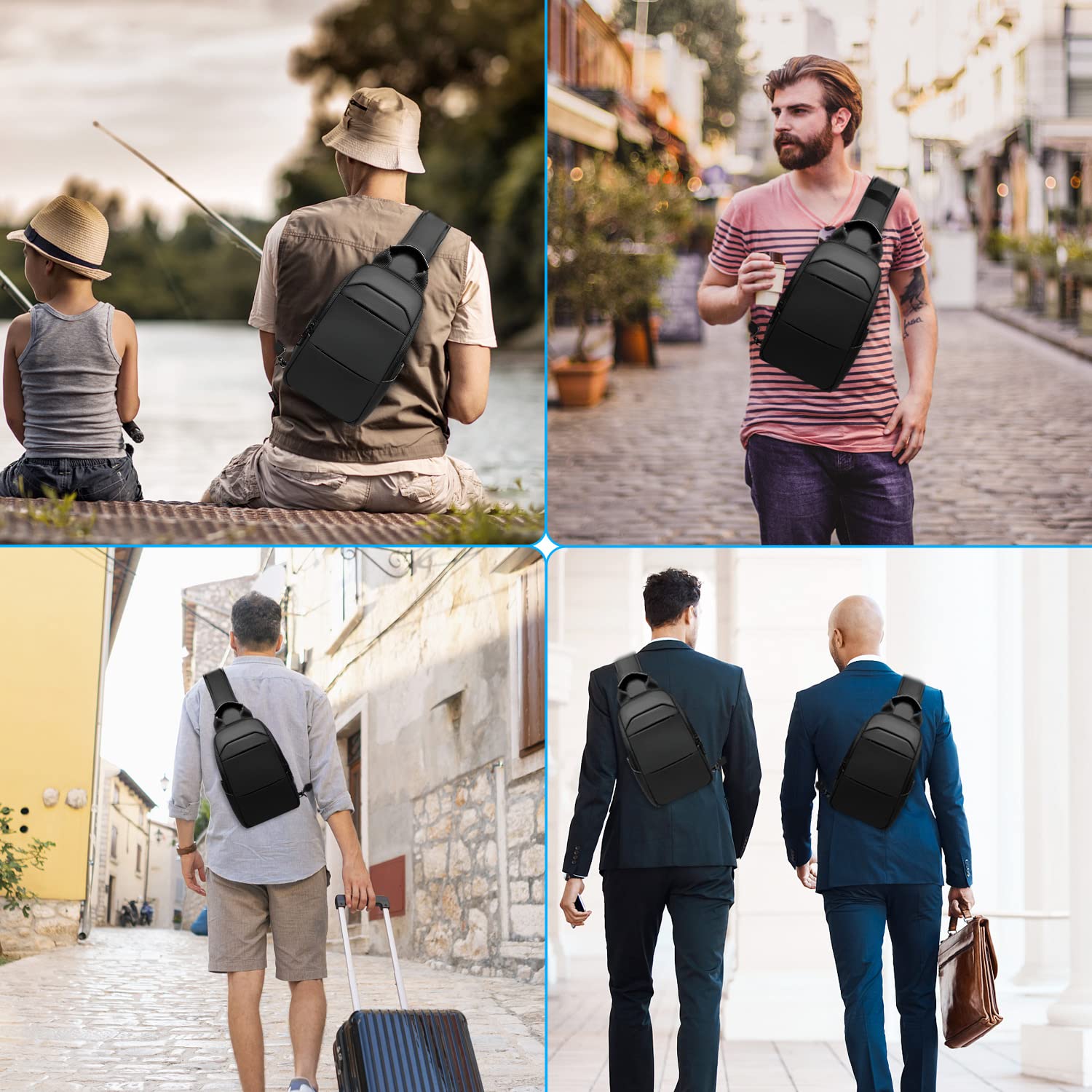 Bolso Bandolera Hombre Bolso Pecho Impermeable Bolso Cruzado Mochila Bandolera para Vida Diaria Ciclismo Caminar Viajar y Trabajar-Negro