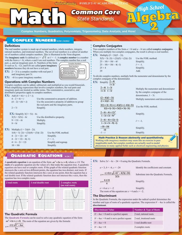 Math Common Core Algebra 2 11Th Grade QuickStudy Laminated Reference Guide