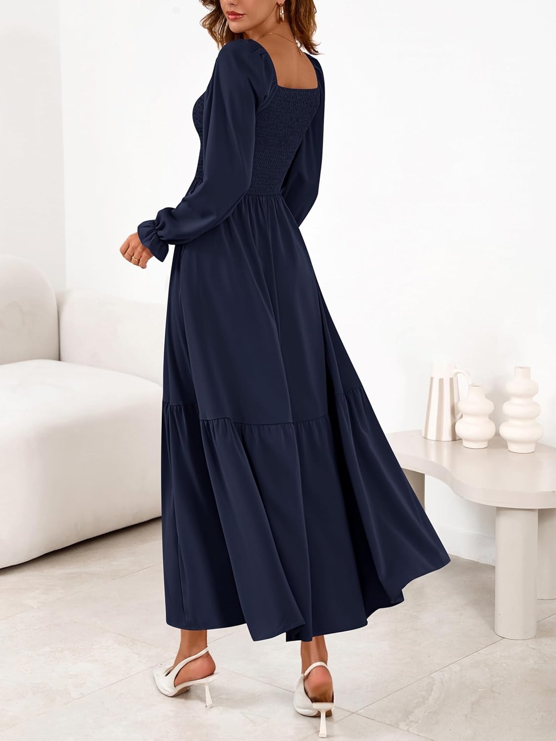 MASCOMODA Womens 2026 Spring Long Sleeve Casual Midi Dress Smocked Square Neck High Waist Flowy A Line Wedding Guest Dresses - Image 5