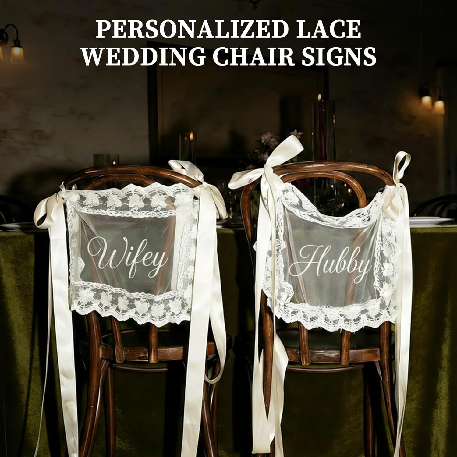 Personalized Sheer Lace Wedding Chair Signs, Custom Just Married Lace Sweetheart Table Decor for Bride and Groom, Mr & Mrs Chair Cover for Wedding Ceremony Reception, Photo-Ready Decor Banner Set of 2