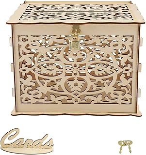 HERCHR Wedding Card Box with Lock, Card Box for Wedding Gold, Wood Gift Card Box Wedding with Card Sign for Card Box Money Box for Reception, 9.8x7.9x7.2'