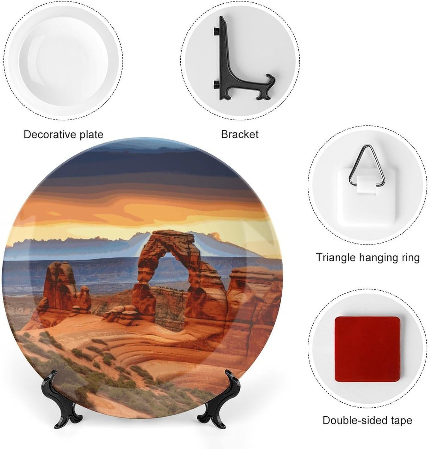 Arches National Park Bone China Decorative Plate with Display Stand, Ceramic Ornaments Plate for Wall Hanging, Personalized Porcelain Plates for Office, Living Room 8inch