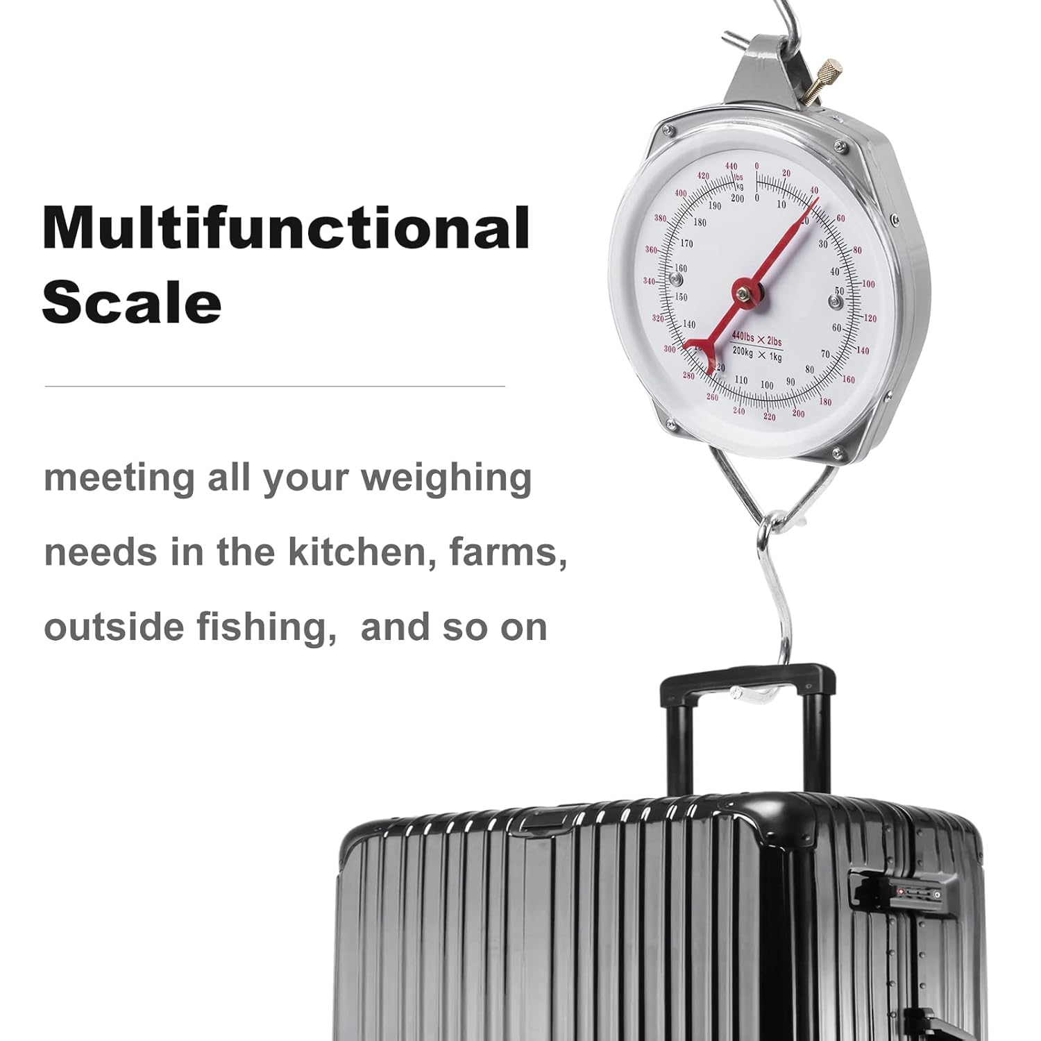 Mechanical Hanging Scales 440lb/200kg, High Accuracy Large Display Spring Dial Weight Scale Big Game Scale for Kitchen Fishing Hunting Farms