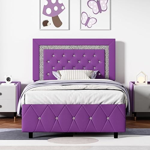 Miniatura 94 de BarnFurin - Base de cama matrimonial con cabecera capitoné, plataforma tapizada con diseño de diamante, base de colchón, soporte de listones de