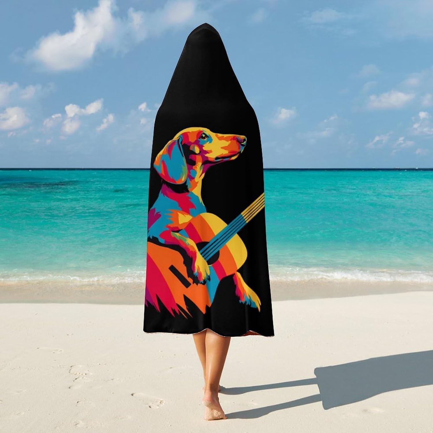 Dachshund Playing Guitar Wearable Blanket Oversized Throw Cape | Cozy Hooded Blanket Gifts for Women Men