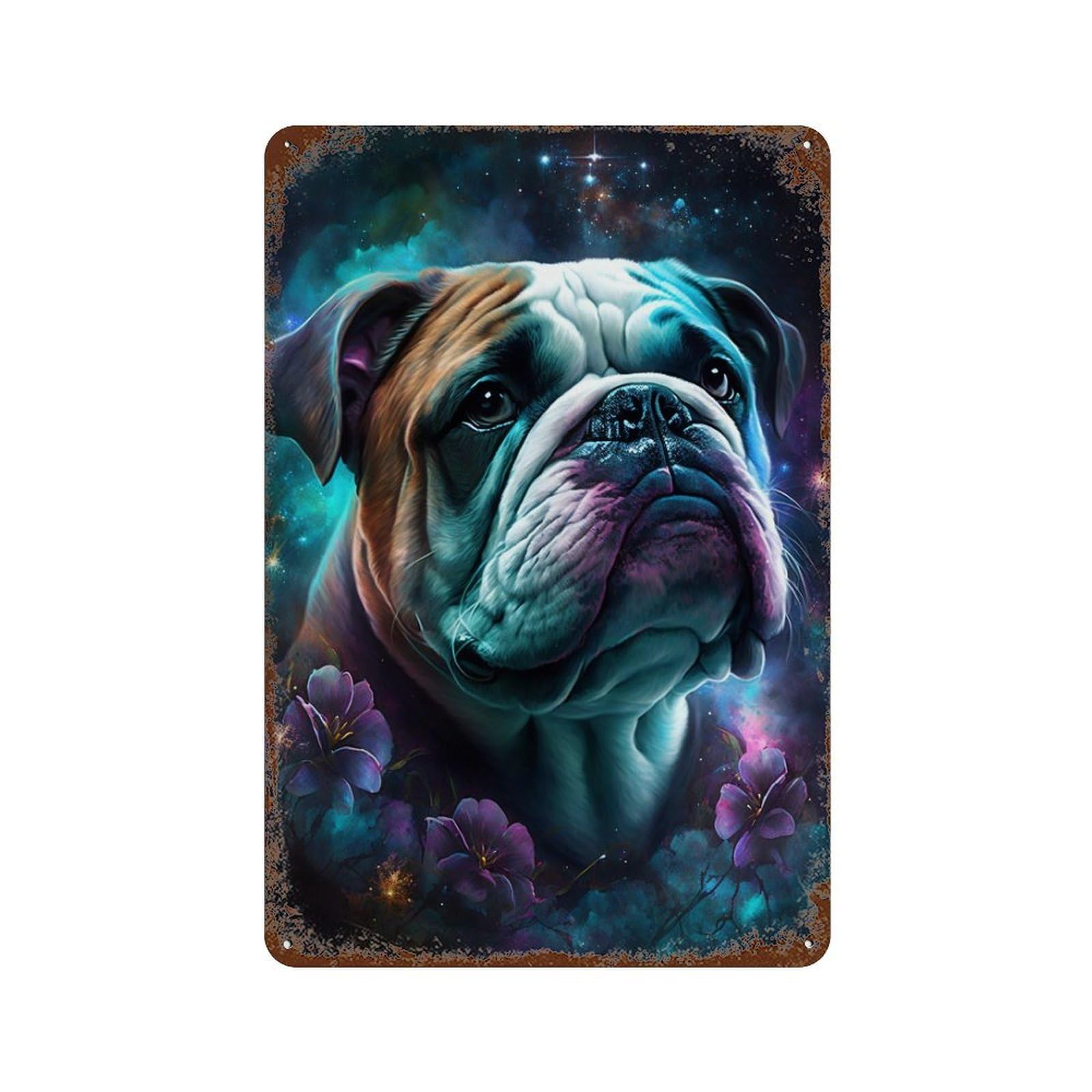 Space Bulldog with Flowers -5 Vintage Metal Tin Sign 11.8"x7.9", Farmhouse Wall Decor for Garage, Bar And Workshop Decor