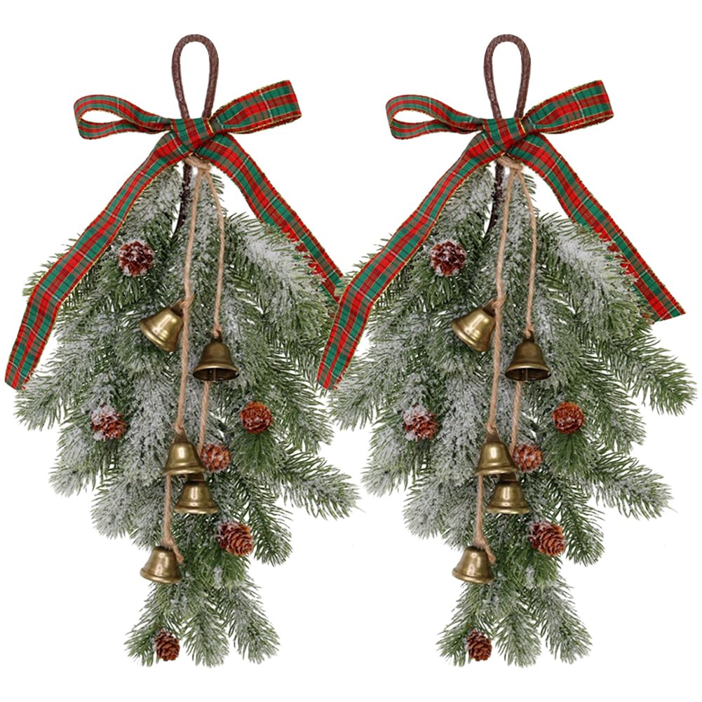 2Pack Christmas Teardrop Swags with Pine Cones Velvet Bow Artificial Snow Pine Decorative Xmas Greenery Hanging Garland for Front Door Window Wall