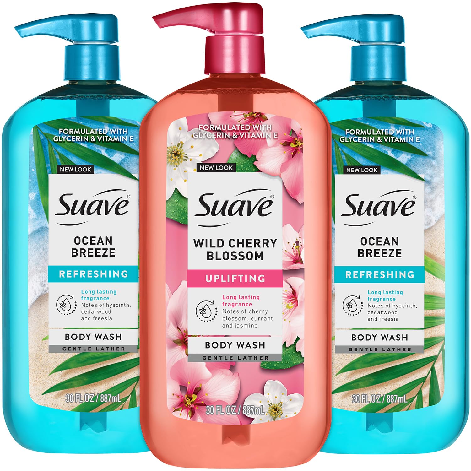 Suave Body Wash, Ocean Breeze + Wild Cherry Blossom 3-Pack, 30 Oz Ea