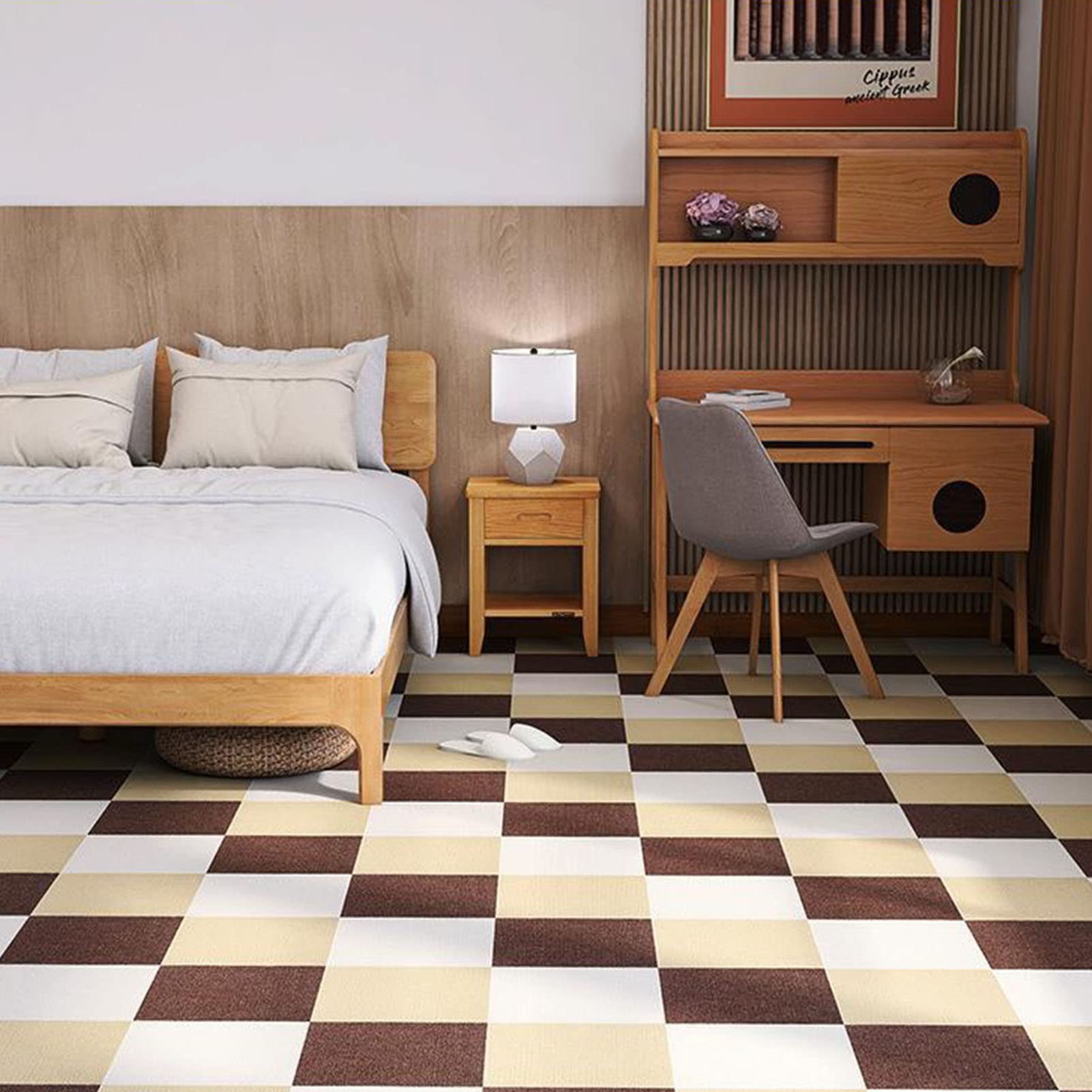 Carpet Tiles Peel and Stick, Self Adhesive Carpet Tiles 12 Pcs Multicolor Peel and Stick Seamless Floor Mat(White+Camel+Coffee)
