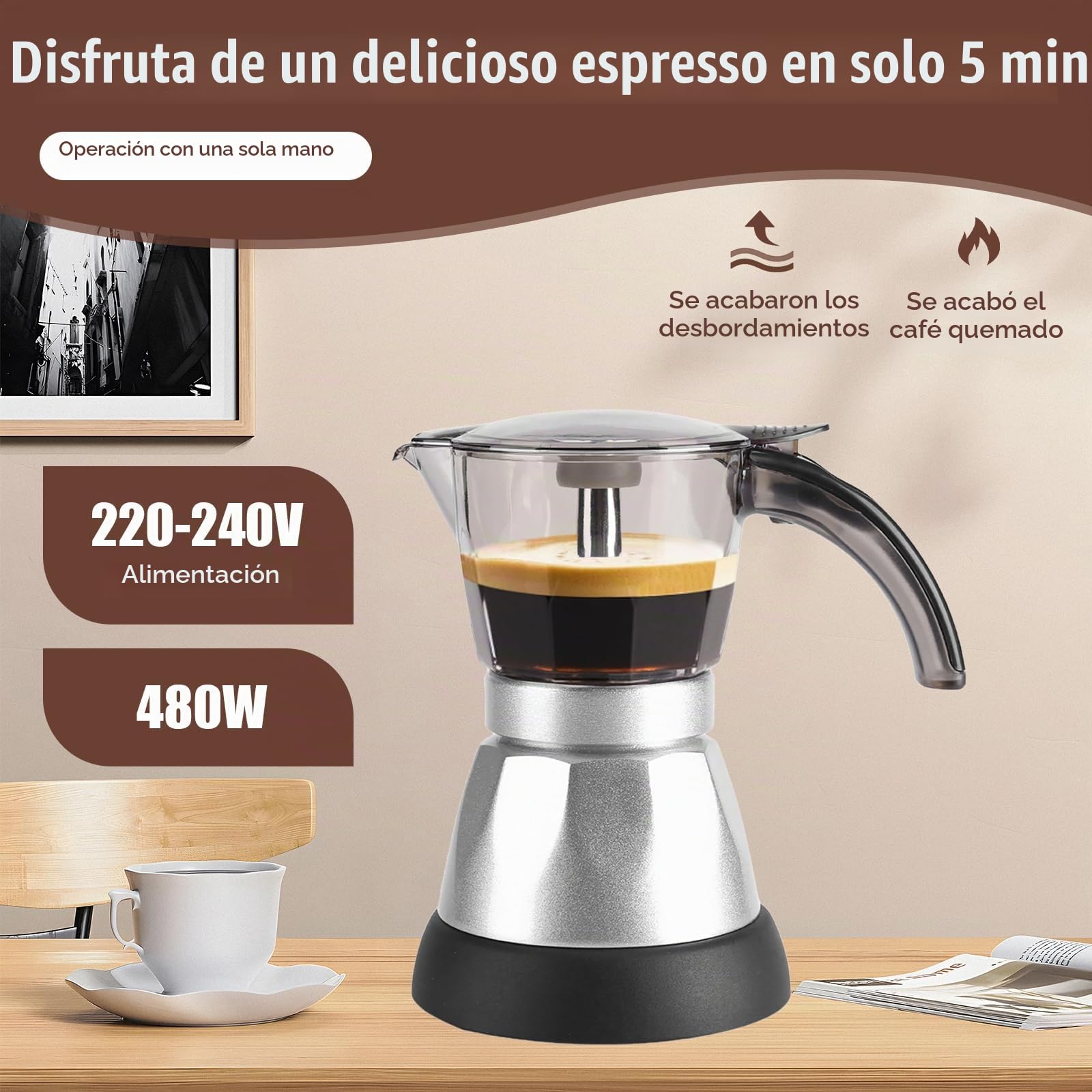 Cafetera Italiana 6 Tazas Espresso, Cafeteras Italianas Electrica Desmontable para el Hogar, Aleaciones y Materiales Plásticos, Fácil de Lavar, Moka Coffee Maker (480 W, 220 V, 300 ml) , Negro
