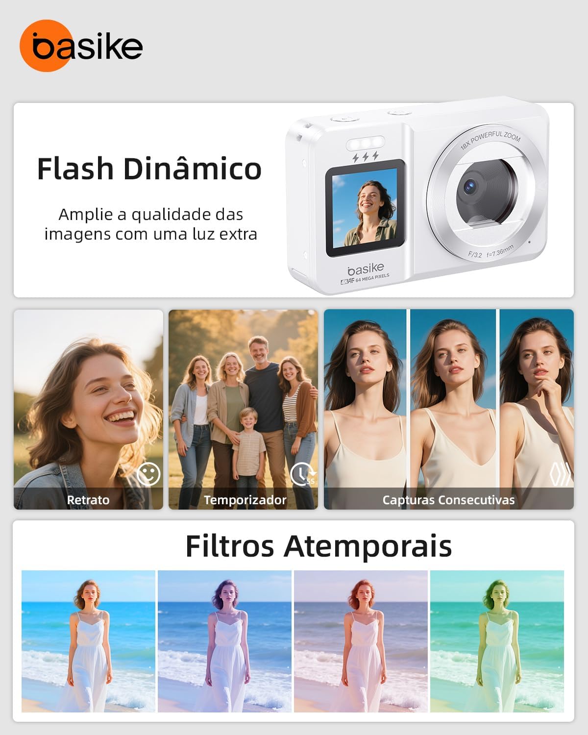 Basike Digital Camera showcasing dynamic flash and creative filters
