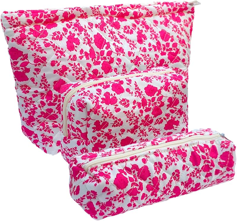 WYJ Conjunto com 3 necessaires de maquiagem em algodão matelassado com estampa floral, rose red