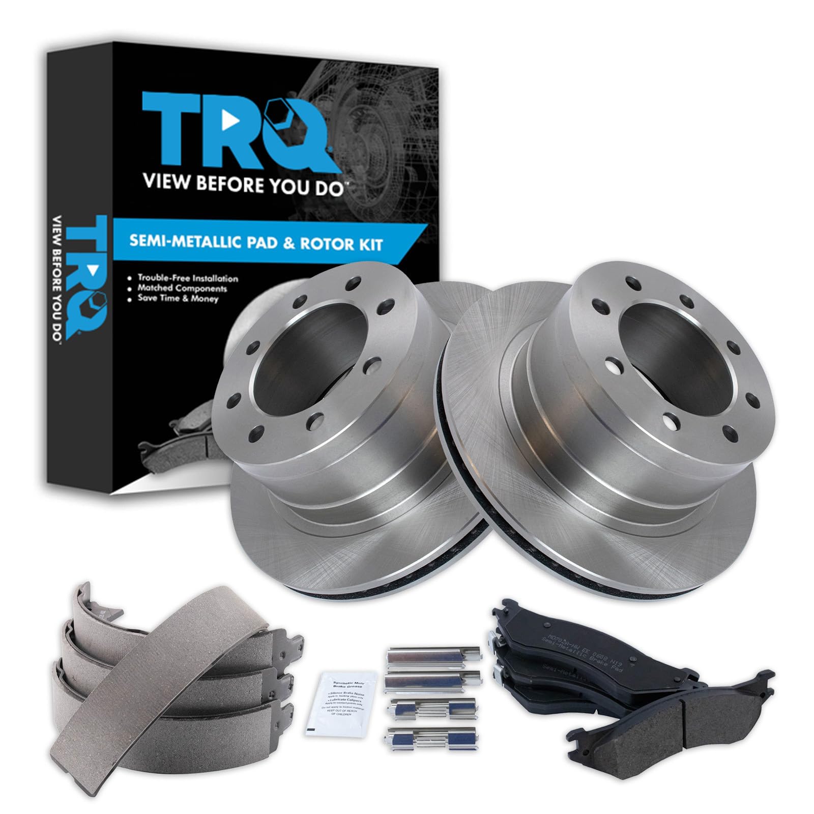 TRQ Rear Brake Pad &amp; Rotor Kit Parking Brake Shoe Set Semi-Metallic Compatible with 2007-2008 Dodge Ram 1500 2006-2008 Ram 2500, 3500
