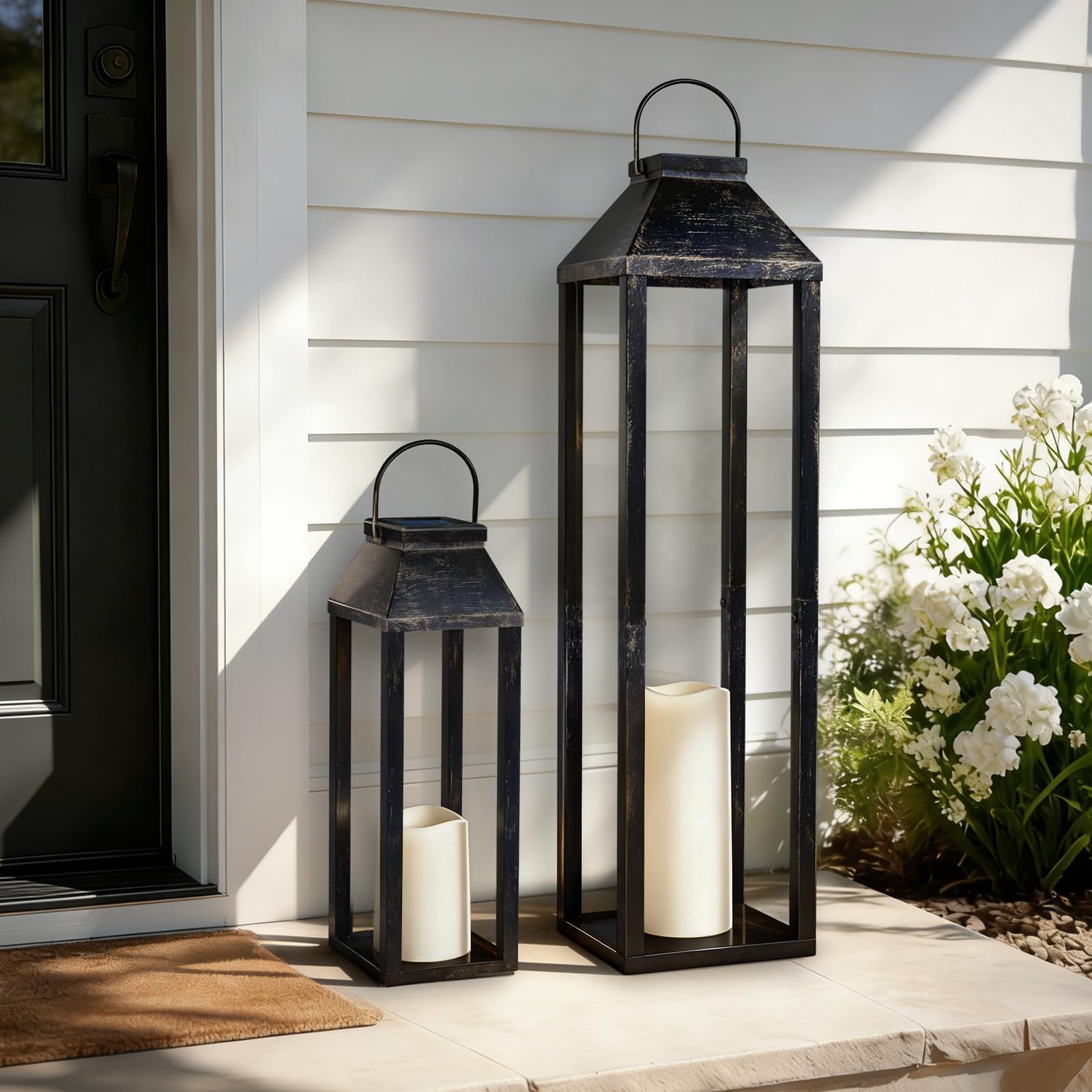Grandi lanterne solari da esterno, impermeabili, alte in metallo nero, lanterne decorative per esterni, per veranda anteriore, patio, giardino, balcone, veranda, 70,1 cm, 41,4 cm, set di 2 bronzo