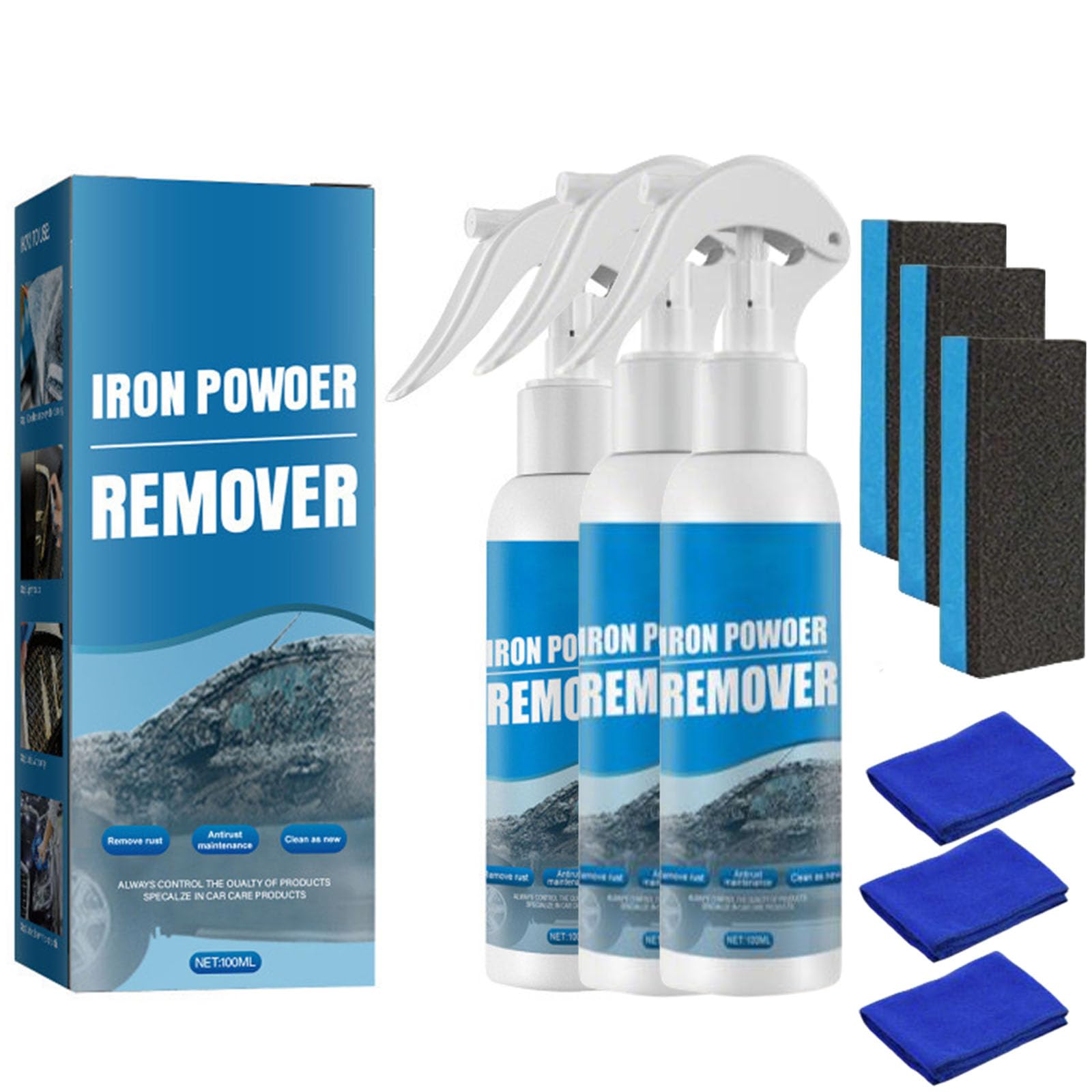 Iron Powder Cleaner Spray for Car Wheels, Multi-Surface Metal Stain Cleaner for Tools & Hardware, Iron Fallout for Automotive Detailing, 100ml (3pcs)