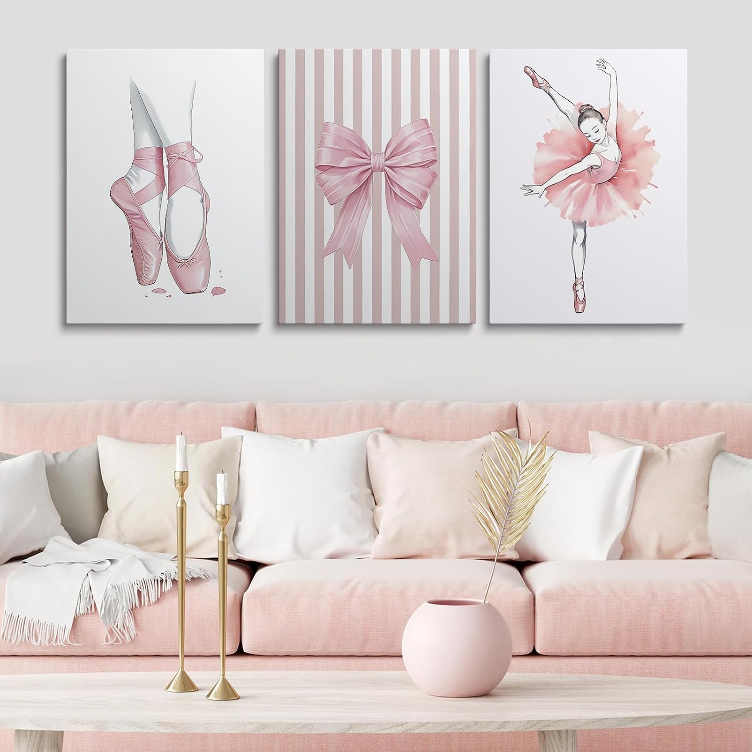 Framed Ballerina Room Decor Ballet Dance Canvas Wall Art Poster Pink Bow Wall Decor Set of 3 Coquette Wall Art for Girls Room Bedroom Colorful Paintings Prints 12x16 Inch Wooden Inner Frame