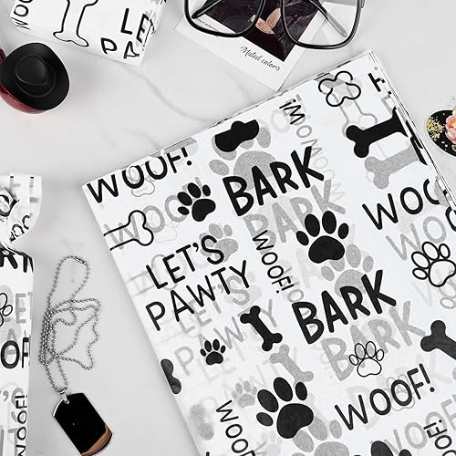 Miniatura 4 de 100 hojas de papel de seda de 20 x 14 pulgadas, papel de seda con estampado de patas de perro, papel de seda con patrón de ladridos Let's Pawty Woof